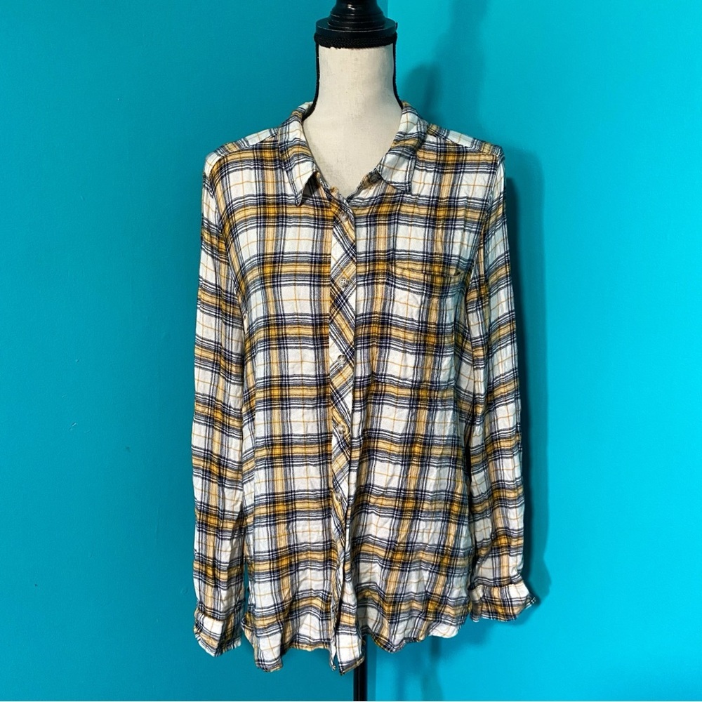 Melloday XL Yellow Black Plaid Long Sleeve Button Down Top